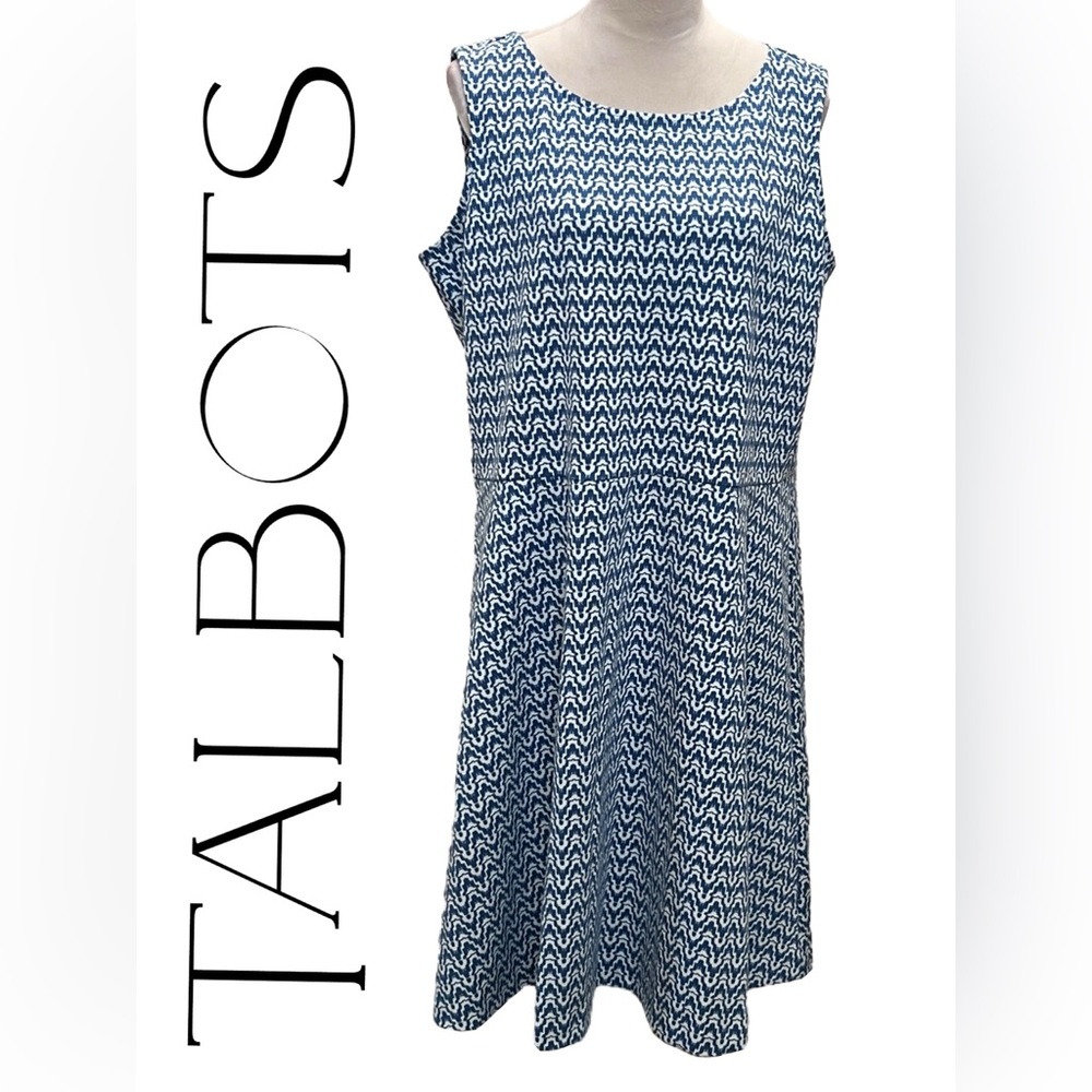 B11 Talbots Women’s S Ikat Geometric Fit & Flair Dress Blue & White Size 1X